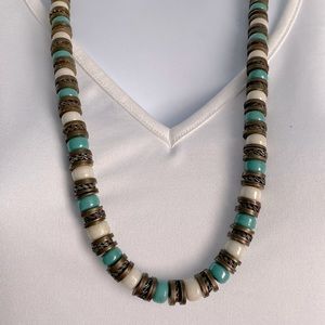 Vintage Indian brass with white and turquoise ceramic bead necklace